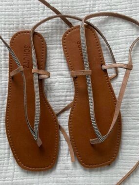 Nordstrom Tan Sandals with Silver Rhinestone Straps